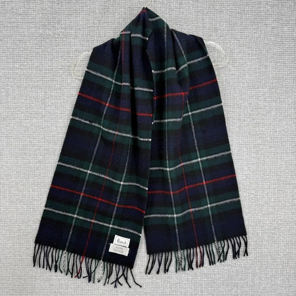 Harrods‎ Scarf Mens One Size Blue Green Tartan Plaid 100% Cashmere Scotland